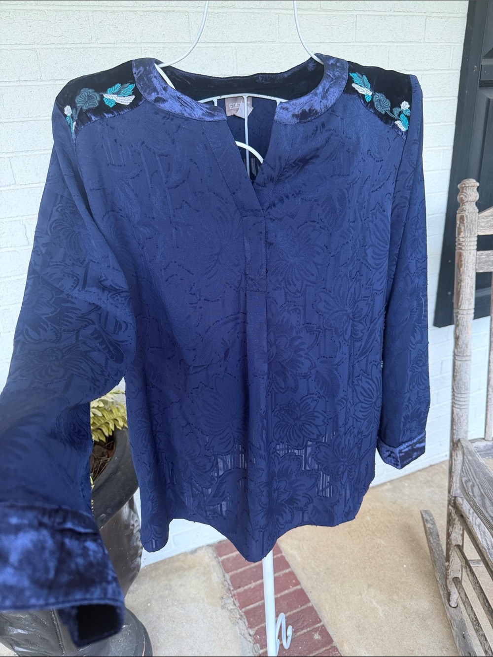 Chico's Navy Floral-Jacquard Tunic with Teal Embroidered Shoulders